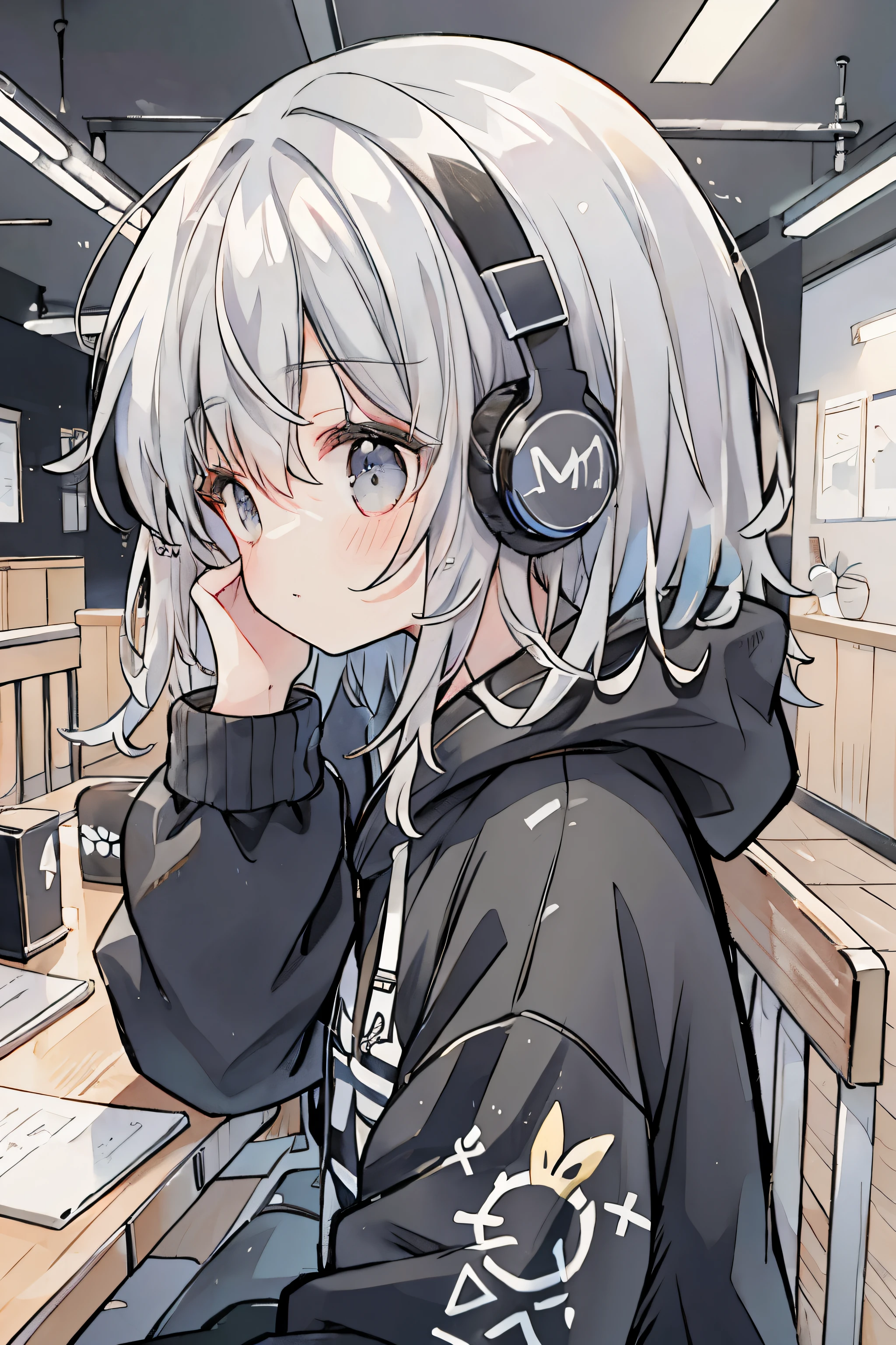 absurd, High resolution, (anime style:1.1), ((table top)), ((highest quality)), (Super detailed), (beautiful),beautiful face、(lift),cute,Wind,(((headphones)))gray hair、in the room、game、(((game)))about、dark background、simple background、hoodie、(gray hoodie)(delicate eyes、colorful eyes、)、(((length、messy hair)))black background、Cloudy、sit on top、Work on a computer、profile、side、(((side)))