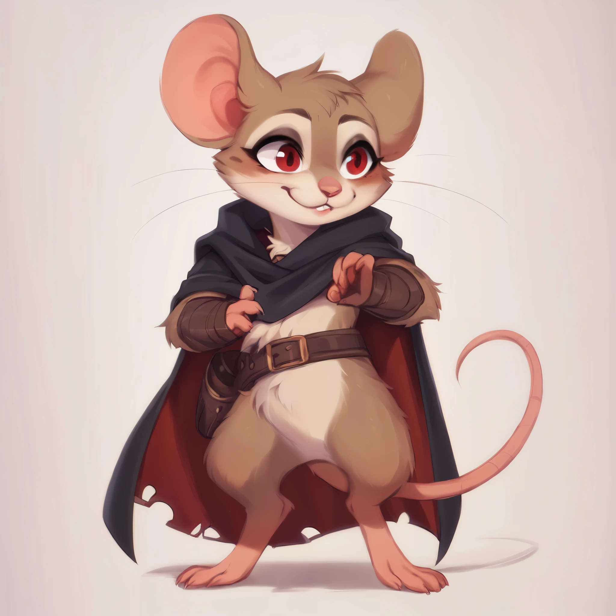 score_9, score_8_up, score_7_up, score_6_up, score_5_up, score_4_up, show accurate, full body, hungry body, simple background, (solo), (semi anthro), mouse, female mouse, fur body, ultra fine fur, standing, red eyes, (light brown dull fur), black color open cape, limb protector made of leather, legs and arms with leather strips, thief appearance, cape attached to a small leather breastplate,