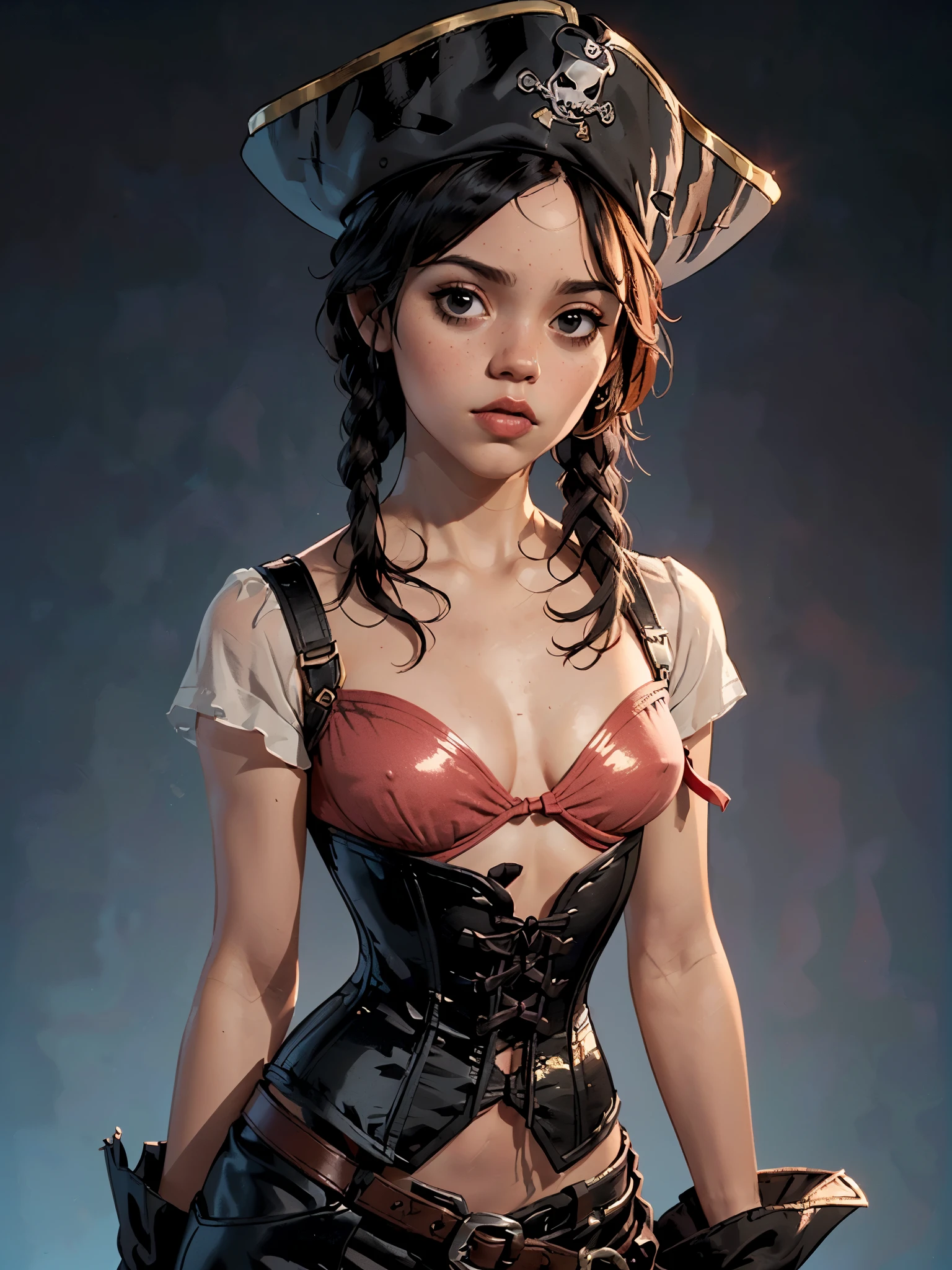 one girl, solo, (bust, upper body, front view:1.2), black eyes, jenna ortega, captain jack sparrow, pirate, pirate hat, pirate outfit, corset, (flat chest, male chest, small breasts, tiny breasts, cleavage, exposed breasts:1.3), (masterpiece, highly detailed, look at viewer, shiny blured grey background, gradient sprayed background, blured background:1.2)