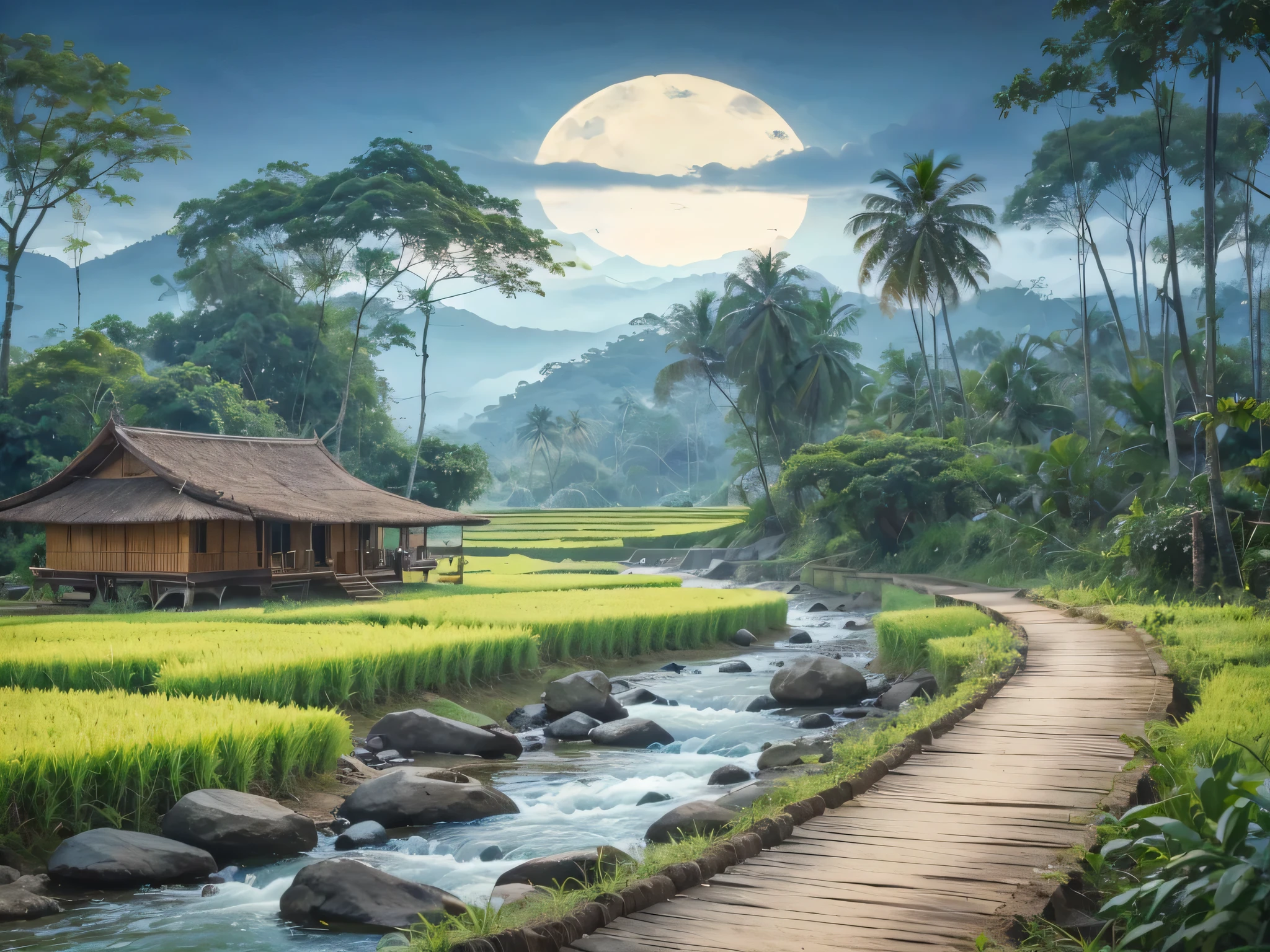 Pemandangan di Jawa barat tahun 1800, rumah kayu sederhana di tepi sungai yang deras berbatu yang air nya biru. banyak rumpun bambu besar, pohon-pohon tropis besar dan lebat, foliage yang rimbun, bark, ada pohon yang mati, ada daun yang menguning. latar belakang gunung berapi berkabut, cahaya matahari yang dramatis, muted pallete color.