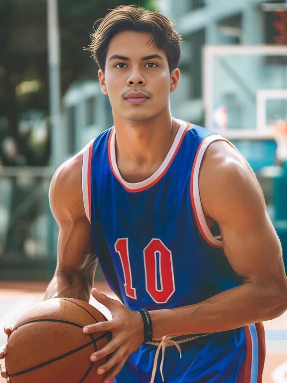arafed male basketball player holding a basketball in a court, wearing basketball jersey, Wearing an NBA jersey, Andrew Gonzalez, good looking face, Profile picture, Rick Dai, playing basketball, Inspired by Robbie Trevino, Tall, handsome, athletic young man, amazing face, Medium shot of the big man., handsome face, basketball, pull the hill, from then on a basketball