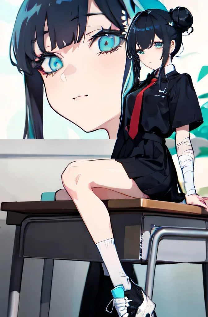 detailed eyes, detailed eye, detailed face, UHD, retina, ccurate, anatomically correct, textured skin, super detail, award winning, highres, best aesthetic, ultra high res, distinct, ultra detailed, best quality, high quality, ultra quality, 16k, high details, high resolution, detailed, masterpiece, beautiful, detailed skin,  tokyo revengers art style, anime tokyo revengers art style, art style of Tokyo revengers, （full body）, （1 cuntboy）, black hair with Cyan Locks of hair, two hair buns,long bangs , cute hair accessories, black hair with Cyan locks of hair in a two hair buns with a long bangs , Indigo left eye, yellow right eye, two different eyes colour indigo on the left yellow on the right , sleepy eyes, double eyelid, face bandage , , black shirt, red tie, long black skirt, white shoes, leg warmer, wearing a japenses in black with leg warmer and white shoes , sitting on a desk, in classroom, sitting in classroom on a desk