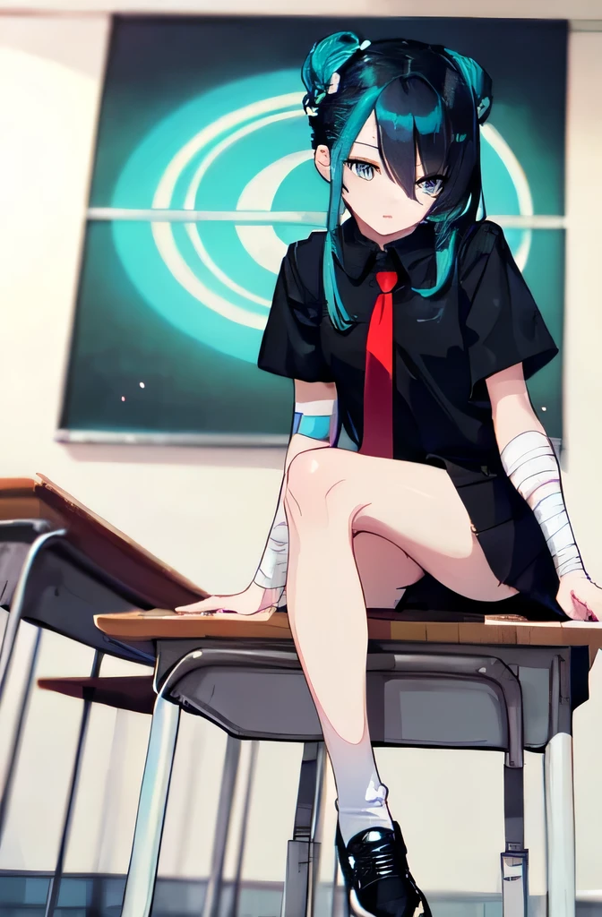 detailed eyes, detailed eye, detailed face, UHD, retina, ccurate, anatomically correct, textured skin, super detail, award winning, highres, best aesthetic, ultra high res, distinct, ultra detailed, best quality, high quality, ultra quality, 16k, high details, high resolution, detailed, masterpiece, beautiful, detailed skin,  tokyo revengers art style, anime tokyo revengers art style, art style of Tokyo revengers, （full body）, （1 cuntboy）, black hair with Cyan Locks of hair, two hair buns,long bangs , cute hair accessories, black hair with Cyan locks of hair in a two hair buns with a long bangs , Indigo left eye, yellow right eye, two different eyes colour indigo on the left yellow on the right , sleepy eyes, double eyelid, face bandage , , black shirt, red tie, long black skirt, white shoes, leg warmer, wearing a japenses in black with leg warmer and white shoes , sitting on a desk, in classroom, sitting in classroom on a desk