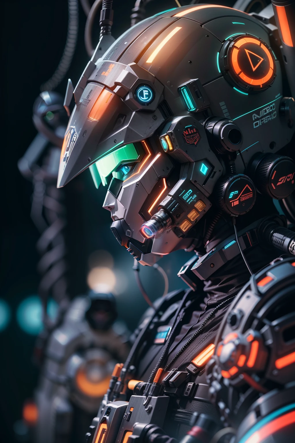 um close up de um robô mshn , futobot, ciborgue , Using CyberHelmet Bright Circle , armadura de batalha, MSHN Factory, tubes connected to the neck, luz neon fotorrealista, obra-prima, melhor qualidade, filme de 35mm, film grain, cyberpunk, EbonyGoldAI