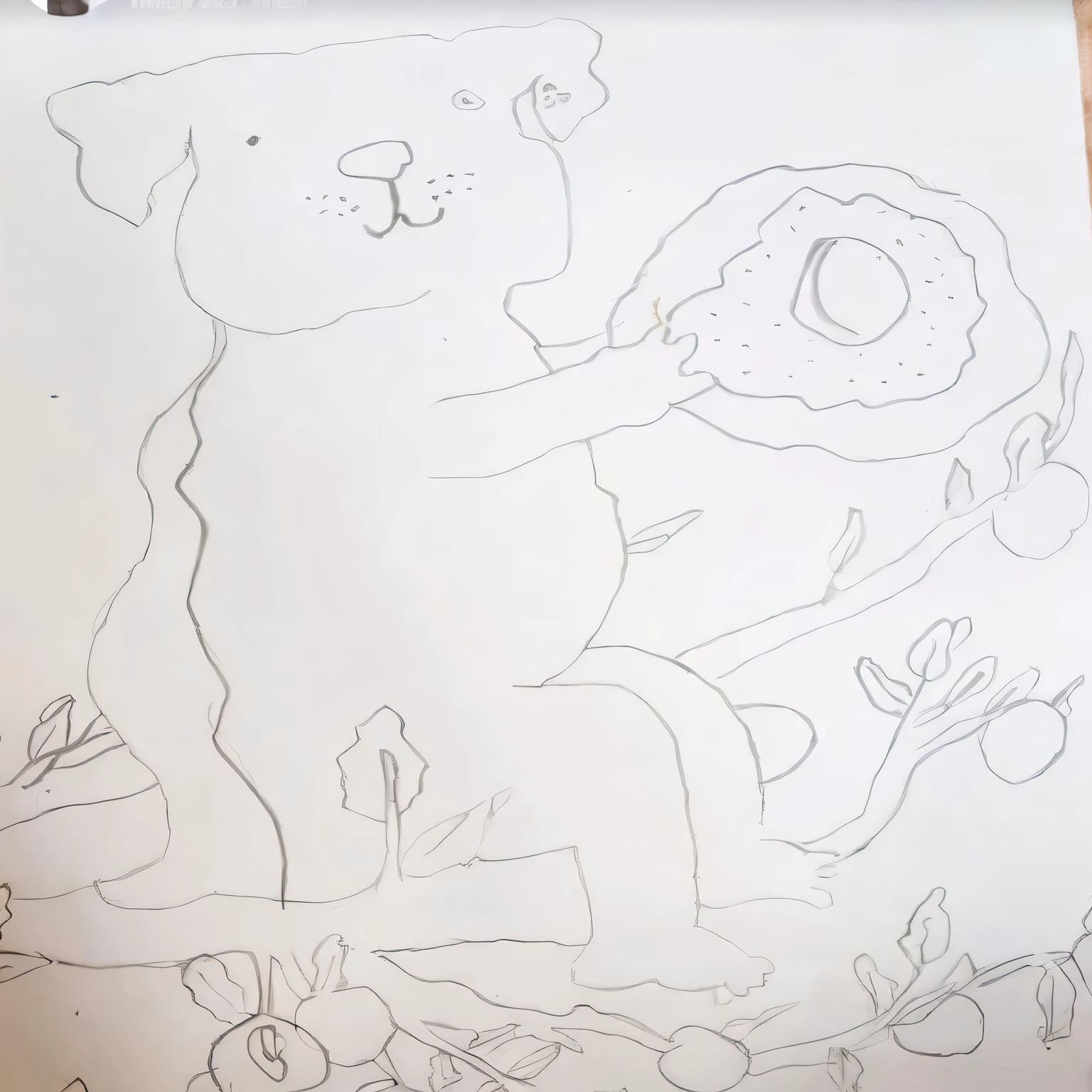 drawing of a dog with a donut in its mouth, children's book drawing, outline drawing, a child's drawing, drawn on white parchment paper, children\'s book drawing, outline sketch, accurately drawn details, kid's drawing, based on child's drawing, thick line drawing, drawing for children, thick outline, simple drawing, child's drawing, childs drawing