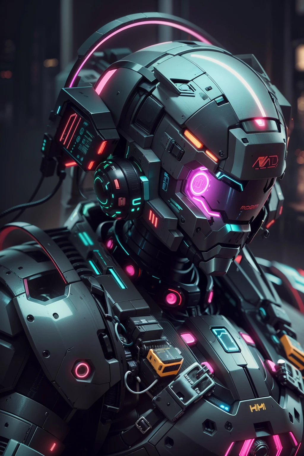 um close up de um robô mshn , futobot, ciborgue , Using CyberHelmet Bright Circle , armadura de batalha, MSHN Factory, tubes connected to the neck, luz neon fotorrealista, obra-prima, melhor qualidade, filme de 35mm, film grain, cyberpunk, EbonyGoldAI