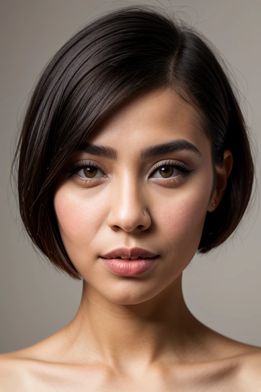 full face portrait photo, nude woman, short cropped bob style haircut, 25 years old, 75% African-American, 25% Iranian, plain neutral background, no shadows, uniform lighting, no beard, no facial hair, no shadows, even lighting, ring light, facing camera, face well lit