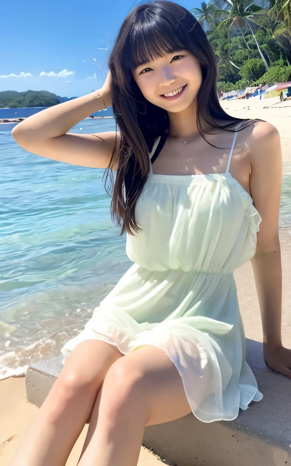 (masterpiece:1.2), super high quality, japanese girl, 1 girl, slender body, (18-year-old), smiling, sunshine, thighs, on a beach, (transparent micro-dress), 