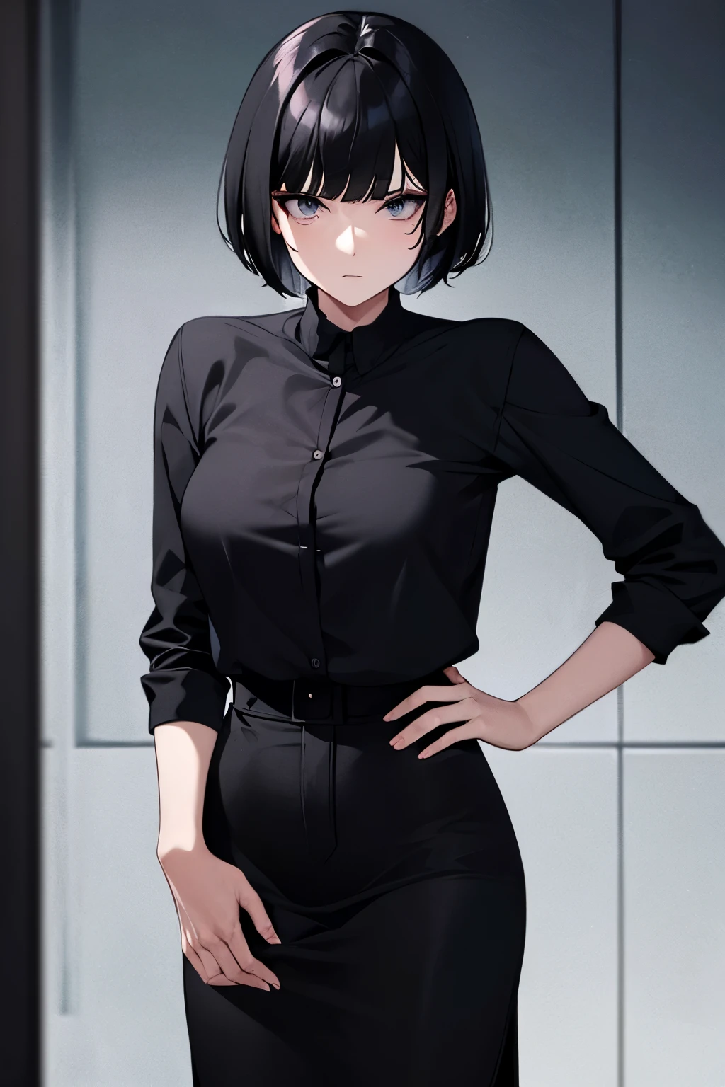 1 woman 30 years old, black eyes, a mature woman, female teacher, glasses, short black hair, curious face, white teacher shirt, black teacher miniskirt, black teacher jacket, holding a bag, walking, classroom hallway, extremely detailed, best graphics, 8k, ultrasharp, masterpiece
