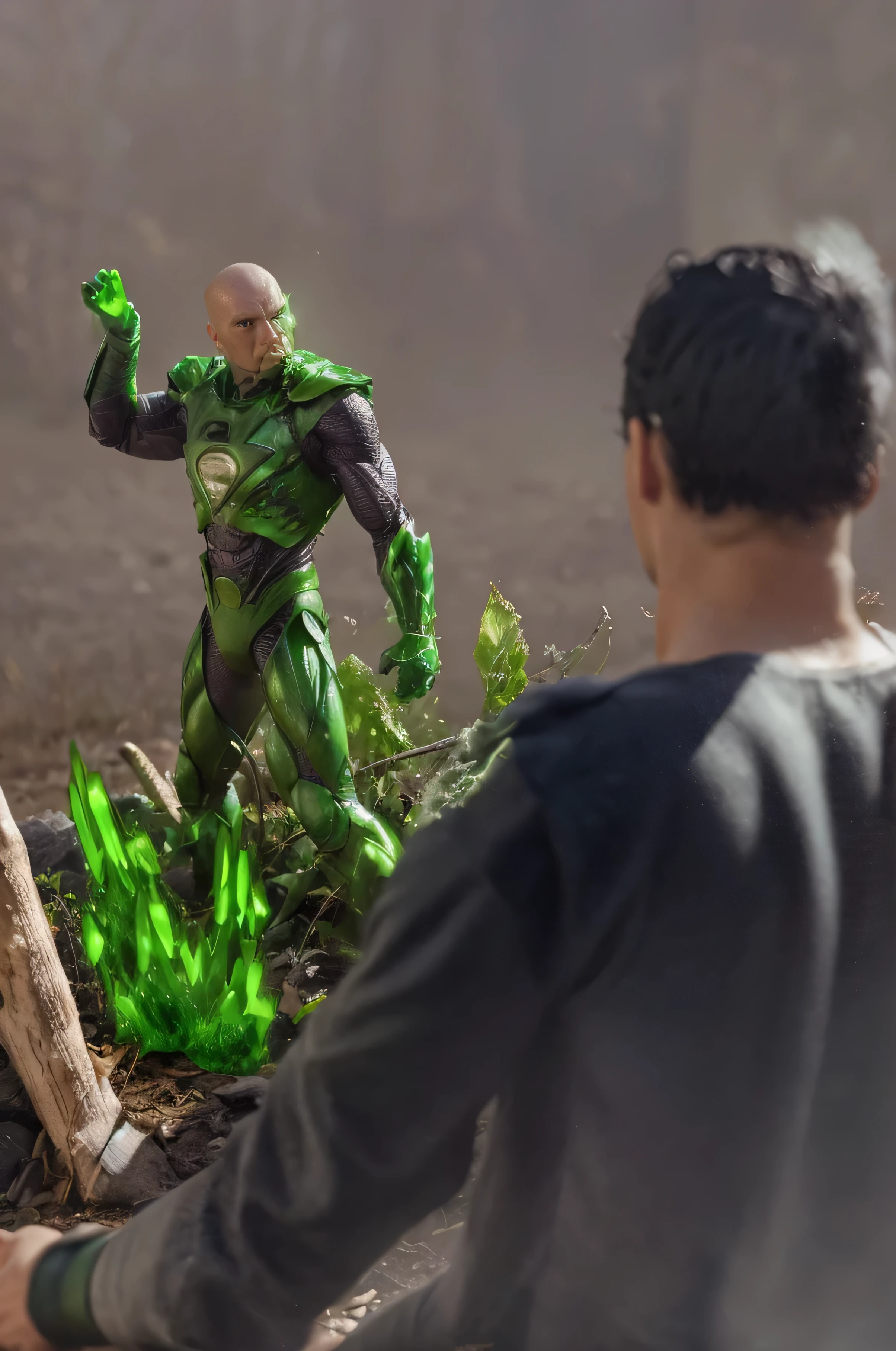 Lex Luthor vs Superman, Kryptonite on the ground, green rocks on the ground, grass, branches, gray sky behind.