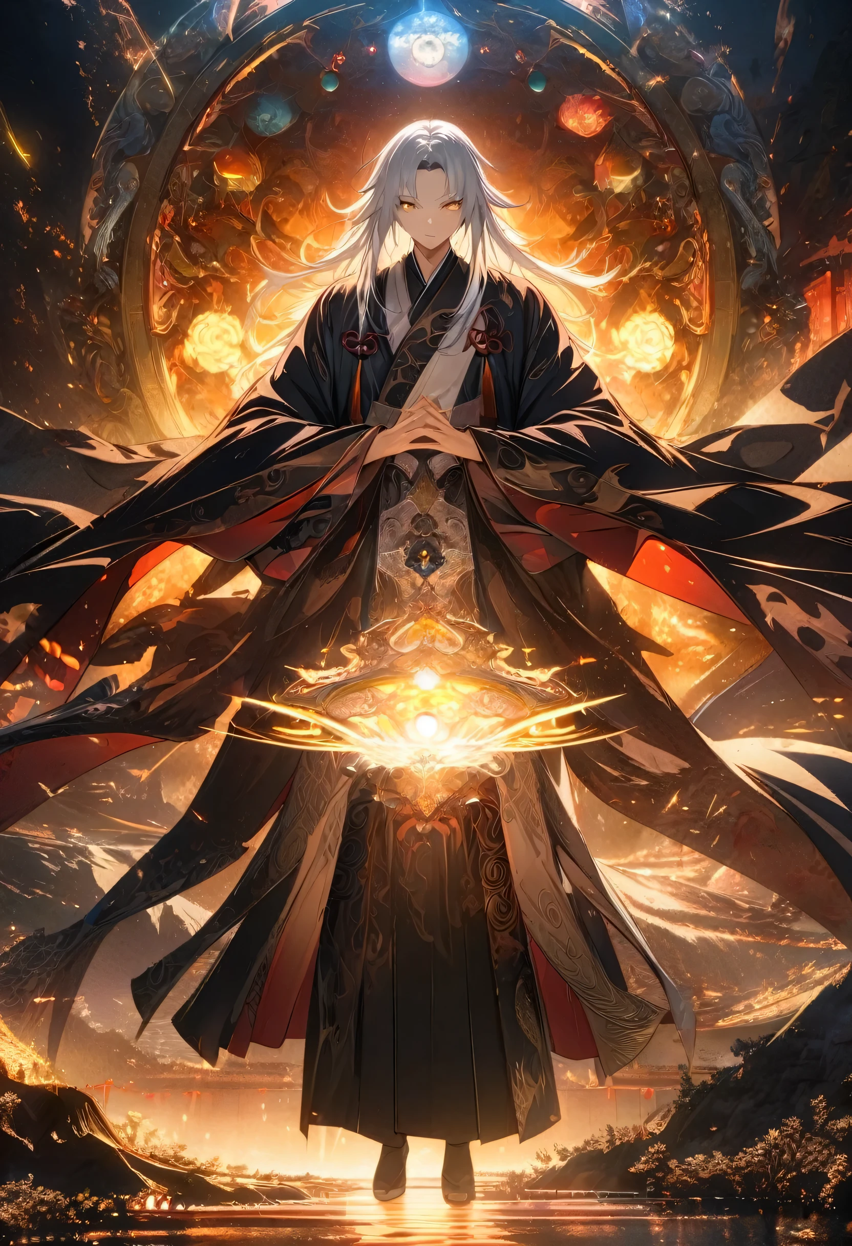 adult male,Taoist robe,silver hair,Chinese style,Golden eyes full body,Dragon-free mind method,Put your palms together{Extremely detailed 8k CG unit wallpapers}, landscape photography vast,  (broad vision), (emphasize: 1.7), (low light: 1.3), (Warm light source : 1.5), intricate details,  (bright lights), (mood lighting), surreal, fantastic, magic, myth