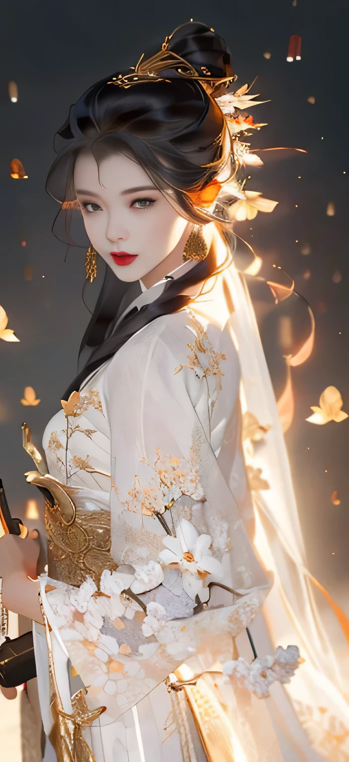 Beautiful details for girls，Very detailed eyes and face，beautiful eye details，Super detailed，high resolution，Very detailed，best quality，illustration，Exquisite details，best quality，Very detailed CG，8K wallpaper，a girl，trees，long black hair，ponytail，Gold ornaments，bracelet，(white veil)，Western Regions，with machete，(((White clothes)))，peach blossom，lantern，complex texture，hanfu，Dunhuang style，ribbon，complex background，