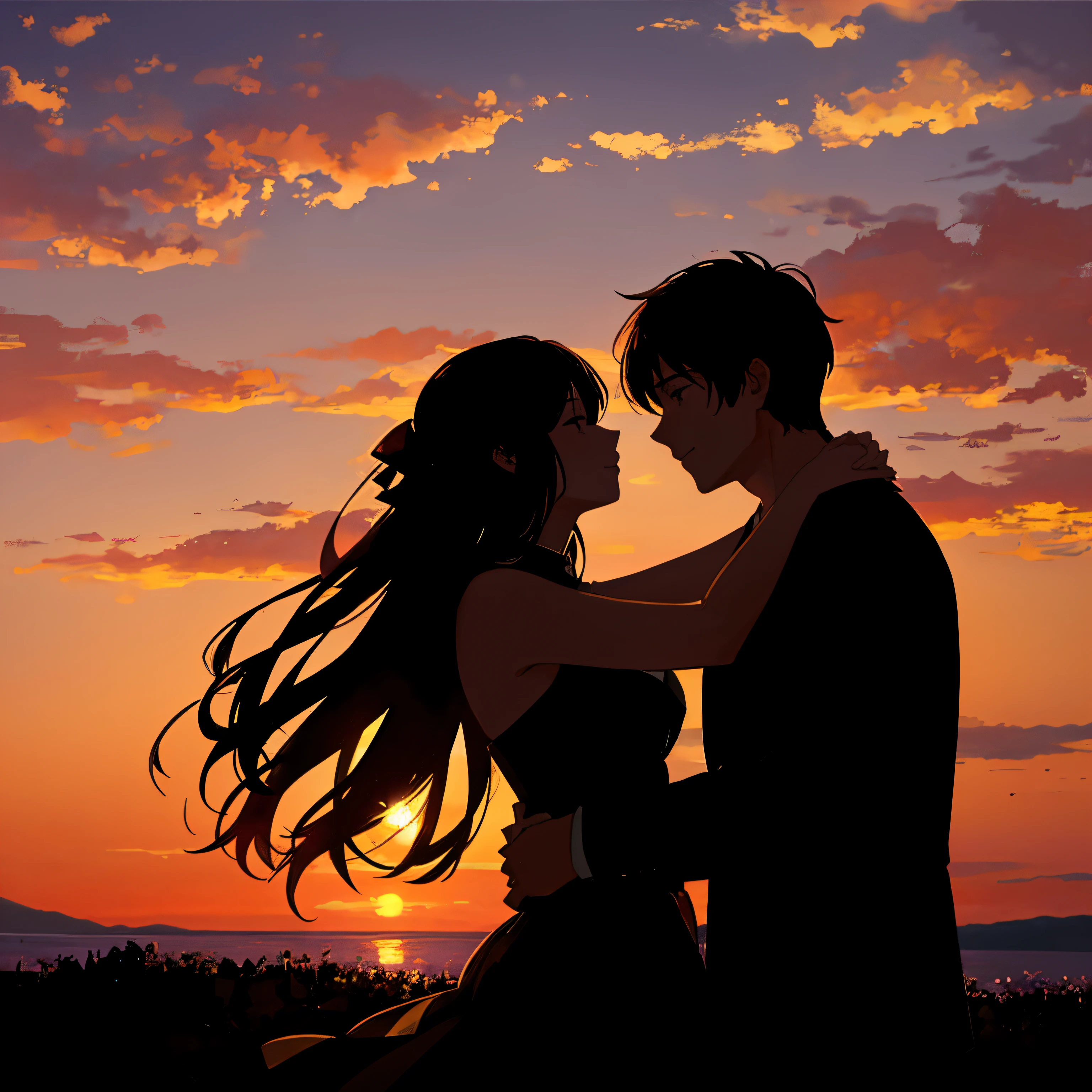 in the sunset,There was a man and a woman standing together, gorgeous romantic sunset, Romantic couple, romance novel cover, Love concept art, in the sunset, ((the sunset)), With the setting sun, With the setting sun, sunset illustration, emotional picture, lovely kiss, man and woman in love, romantic painting, Lovers, cute couple, Romantic!!!, In the beautiful sunset