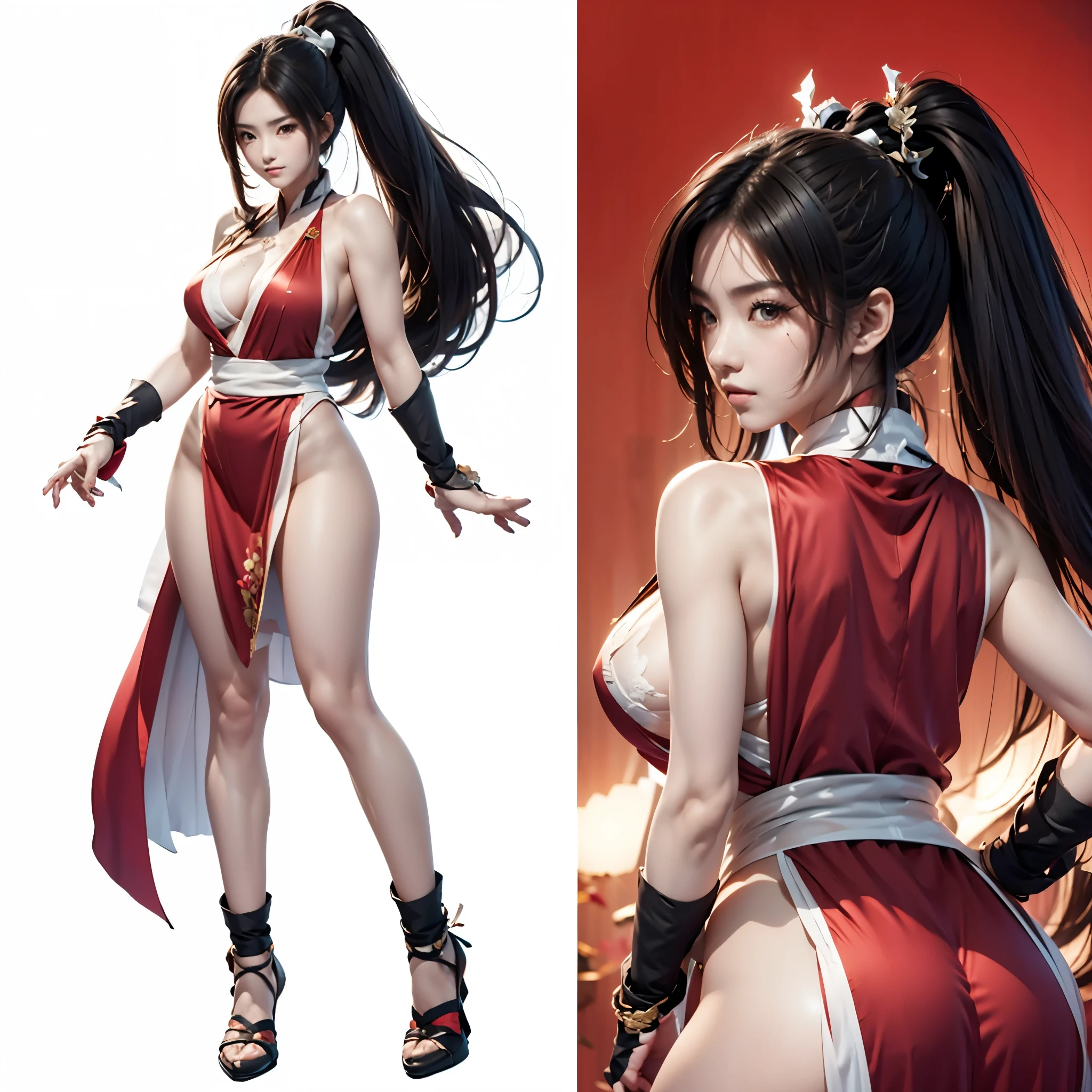 Close-up of a girl in red and white combat uniform, ((角色concept art)), Supermodel figure, ((character design sheet, same characters, front, side, Back)), King of Fighters Character Art, Video game character design, Video game character design, Fighting game character Mai Shiranui, Girl with a high ponytail tied with a white ribbon, Glowing decoration on girl&#39;s clothes, 专家高细节concept art, 角色concept art, Interesting character design, Lucio as a woman, Gravity shock inspiration, Viscous tar. concept art, Rope tied around shoulders, Folding fan as a weapon,