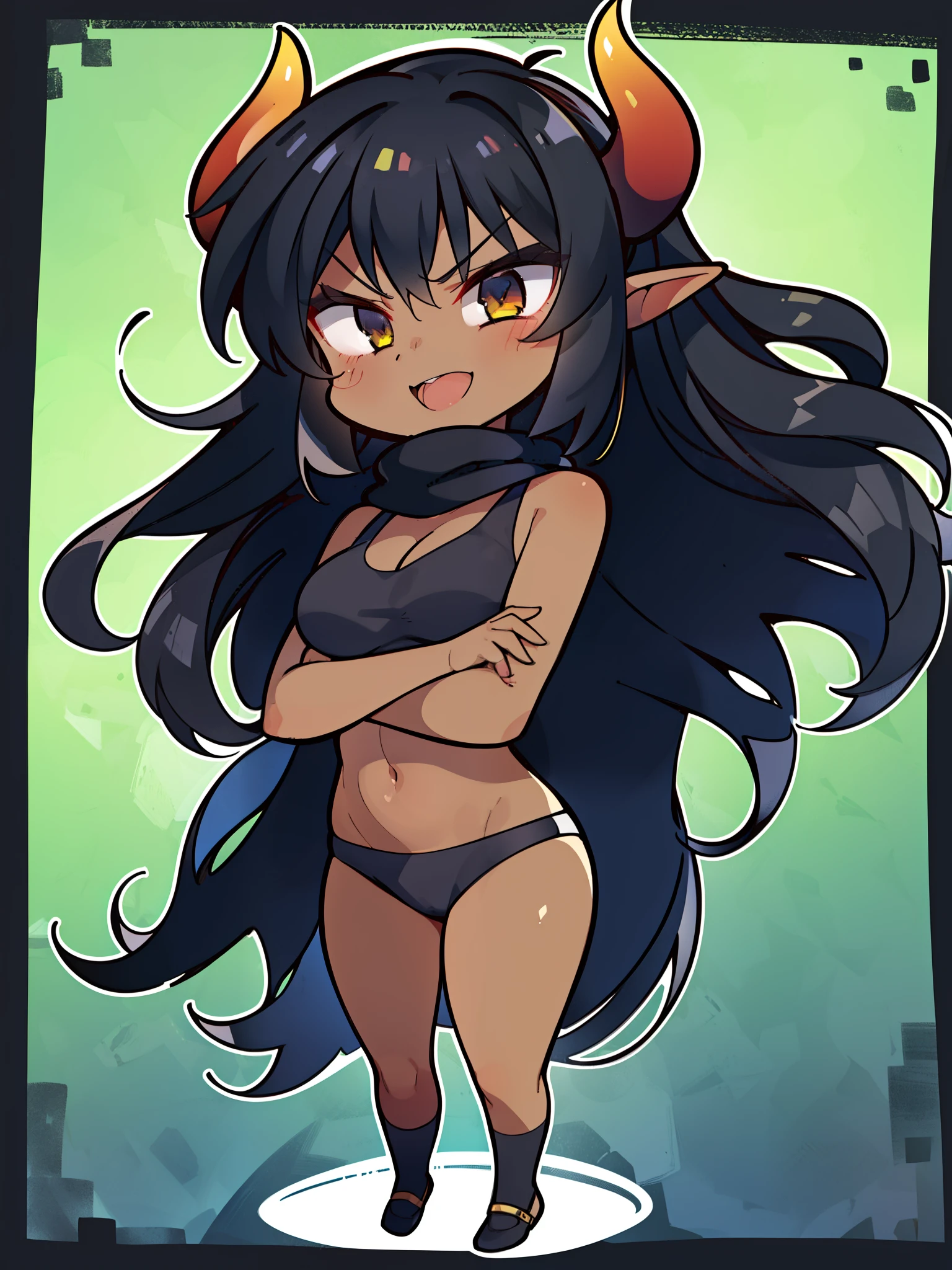 (((1girl,solo,25 years old,mature female,))),long hair, black hair,angry expression,smile,horns,elf ears,black scarf,cleavage,black sports bra,((dark skin)),chibi,full body,crossed arms