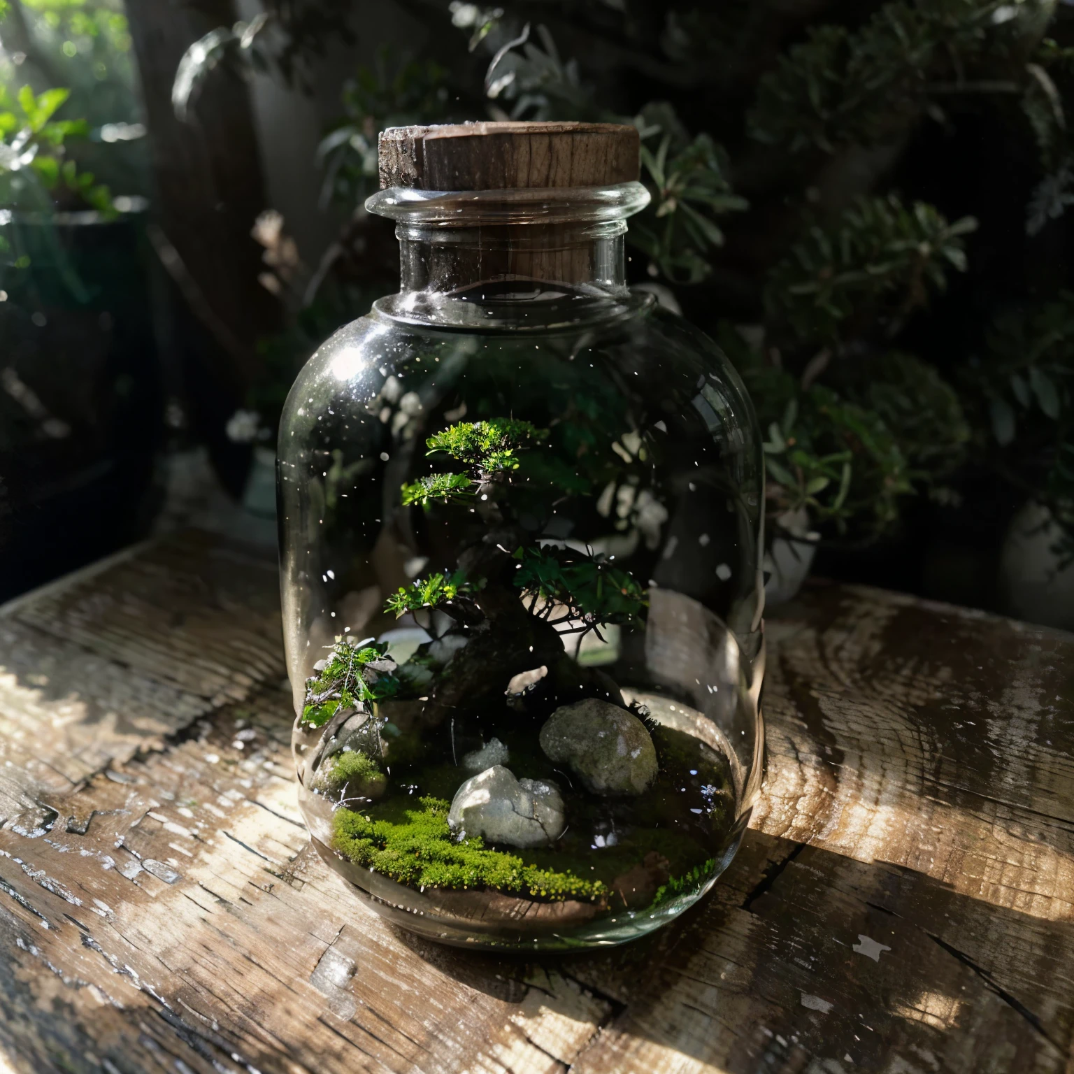 (best quality, highres, masterpiece:1.2), ultra-detailed, realistic, mini bonsai tree in a glass bottle, glass transparency, natural moss decorations, subtle lighting, macro photography, rustic wooden base, peaceful atmosphere, creative perspective, Buddhist Zen aesthetic, contrast between delicate tree and solid bottle, green color scheme, harmonious composition