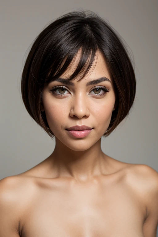 full face portrait photo, nude woman, short cropped bob style haircut, 35 years old, 75% African-American, 25% Somali, plain neutral background, no shadows, uniform lighting, no beard, no facial hair, no shadows, even lighting, ring light, facing camera, face well lit