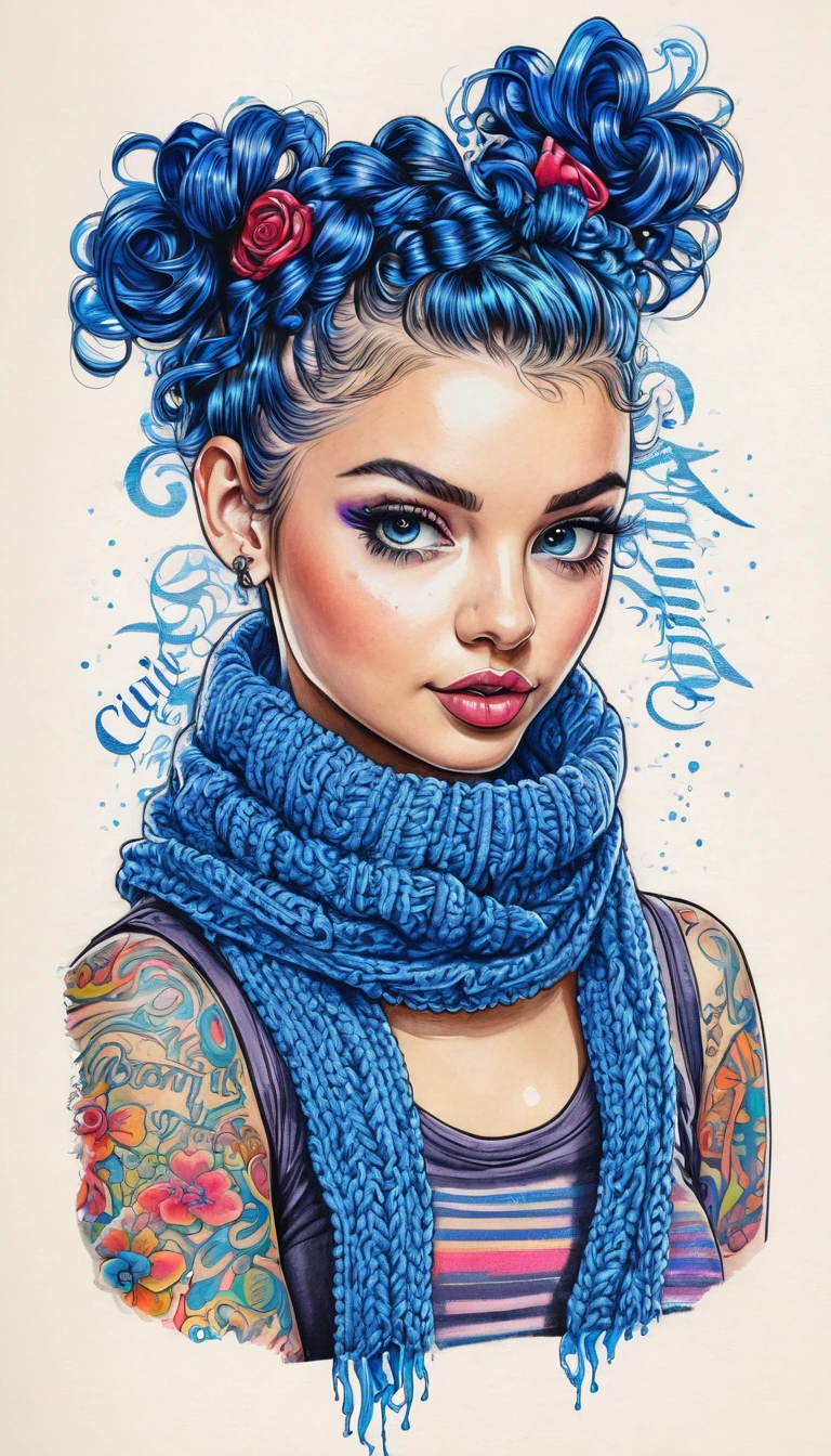Over Detailed Calligraphic Ink Lettering, Portrait Of Cutie Punk Perky in knitted outfit, scarf, Sapphire-curls pigtails different lengths, concept in a mixed Ink tattoo sketch technique with a colored and bright elements, lots of printed words and patterns, Calligraphy lettering in different colors, volume due to shadows.