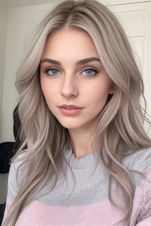 Serb、23yr old、femele、eyes large、a blond、lips pink、Big、tall、Shoulder out、Model body type、Beautuful Women、gray clotheull bodyesbian