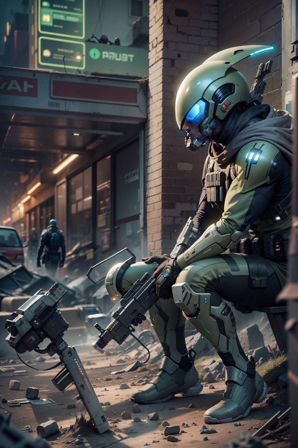 A highly technological and advanced alien soldier in an apocalyptic city