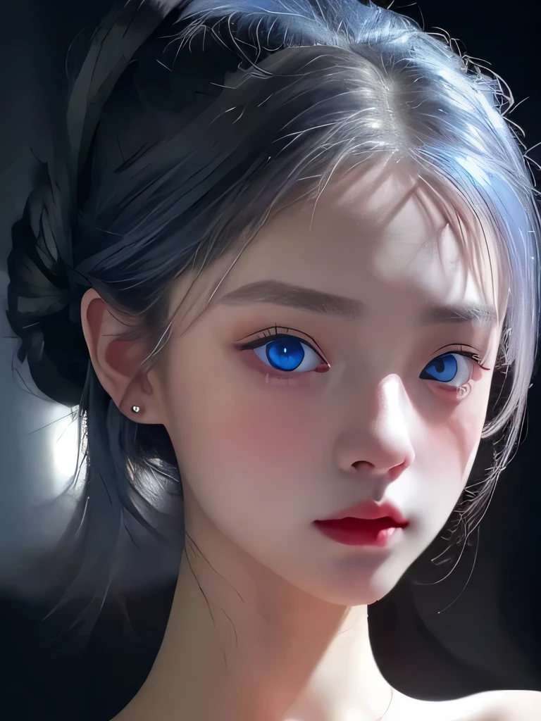 1 girl,light shines on your face, rosy lips, topknot, shining eyes, bun hair, surrealism, close, she is completely naked、masterpiece, Super detailed, advanced details, High resolution、she is naked、Neck and face tattoos、blue eyes、black background、Platinum Silver Hair、