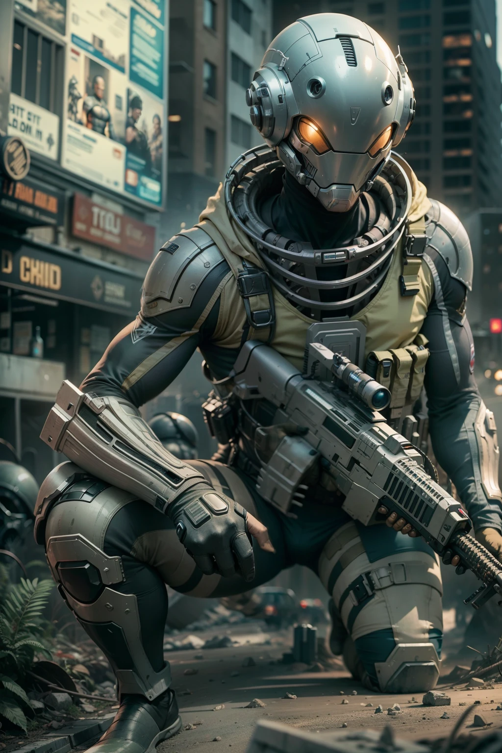 A highly technological and advanced alien soldier in an apocalyptic city