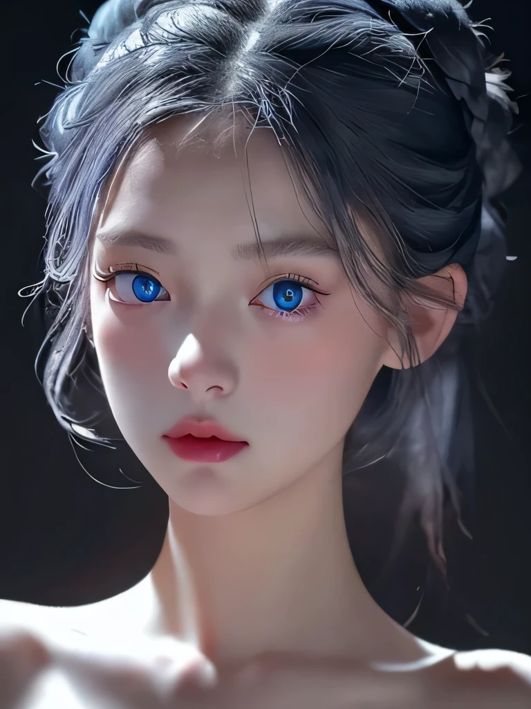 1 girl,light shines on your face, rosy lips, topknot, shining eyes, bun hair, surrealism, close, she is completely naked、masterpiece, Super detailed, advanced details, High resolution、she is naked、blue eyes、black background、Platinum Silver Hair、Neck and face tattoos、