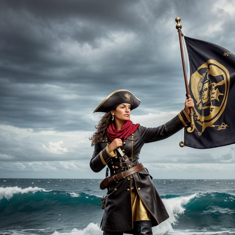 (masterpiece, high resolution, swashbuckling:1.2), Karla Jaeger, fearless pirate captain, (captivating gaze:1.1), tricorn hat perched atop her head, (flowing crimson scarf:1.1), billowing in the sea breeze, (golden hoop earrings:1.1), black leather coat adorned with gold trim, (weathered treasure map:1.1), clutched in her hand, (stormy skies:1.1), waves crashing against the ship, (jolly roger flag:1.1), flying high, Karla Jaeger leading her crew in search of buried treasure, a legend of the seven seas