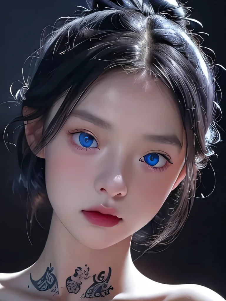 1 girl,light shines on your face, rosy lips, topknot, shining eyes, bun hair, surrealism, close, she is completely naked、masterpiece, Super detailed, advanced details, High resolution、she is naked、blue eyes、black background、Platinum Silver Hair、Tattoos on the face、many tattoos on neck、upper body close-up、