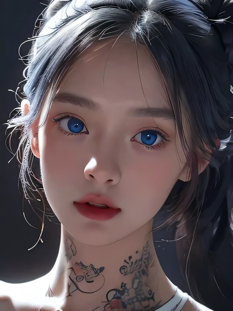 1 girl,upper body close-up、light shines on your face, rosy lips, topknot, shining eyes, bun hair, surrealism, close, she is completely naked、masterpiece, Super detailed, advanced details, High resolution、she is naked、blue eyes、black background、Platinum Silver Hair、Tattoos on the face、many tattoos on neck、upper body close-up