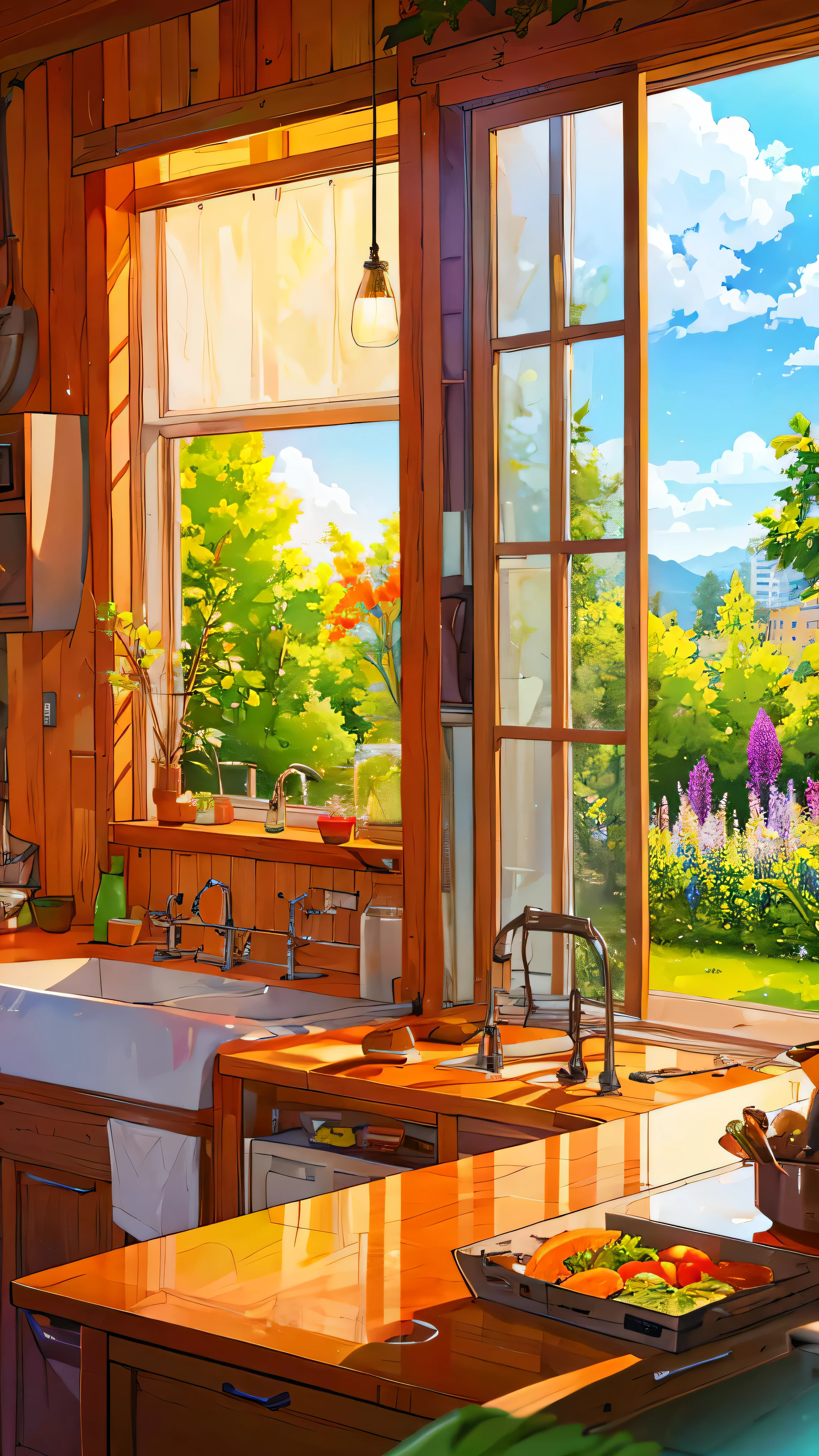 Kitchen with vegetables, flower park and trees view from window, sparkling, vibrant colors ,highly detailed, highly sharpened, masterpiece quality