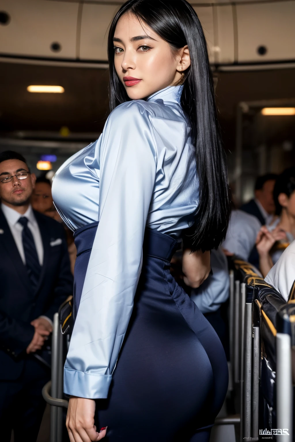 1womanl, 40 years、hyperdetailed face、Detailed lips、A detailed eye、double eyelid、(Black bob hair、Smiling as you walk slowly down the aisle)、(Stewardess uniform:1.2)、(Glamorous body)、(Colossal tits)、thighs thighs thighs thighs, Perfect fit, Perfect image realism, Background with: (Business Class aisle on airplanes:1.2), Cowboy Shot, In-depth background, detailed costume, Perfect litthing、Hyper-Realism、(Photorealsitic:1.4)、8K maximum resolution, (masterpiece), ighly detailed, Professional, butt facing camera, waist shot, back view, ((satin pant))