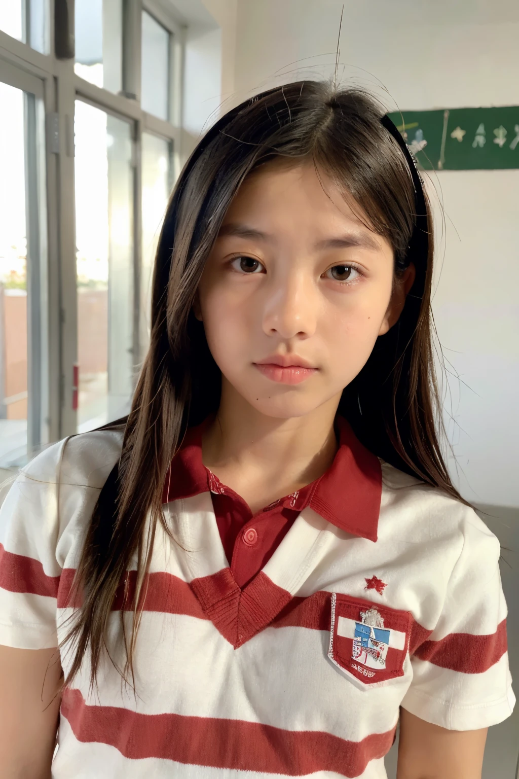 ((Mejor calidad)), ((obra maestra)), (detallado), perfect face young latin girl standing in front of her classmates wearing red and white striped uniform