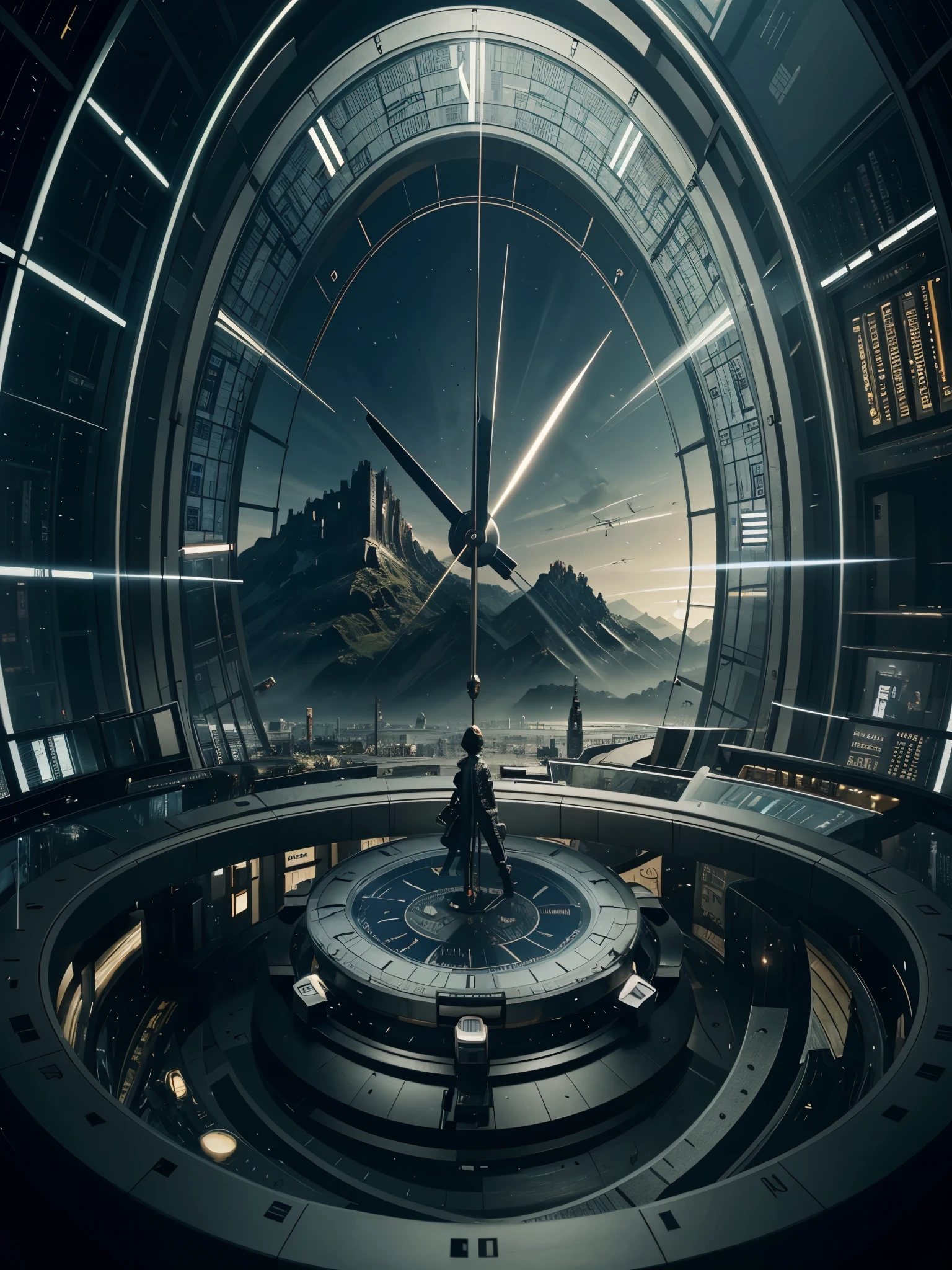 a futuristic landscape that has lots of clocks and watches in the background and its beautiful...4:3 ratio landscspe.make it a little bit animated....lots and lots of clocks