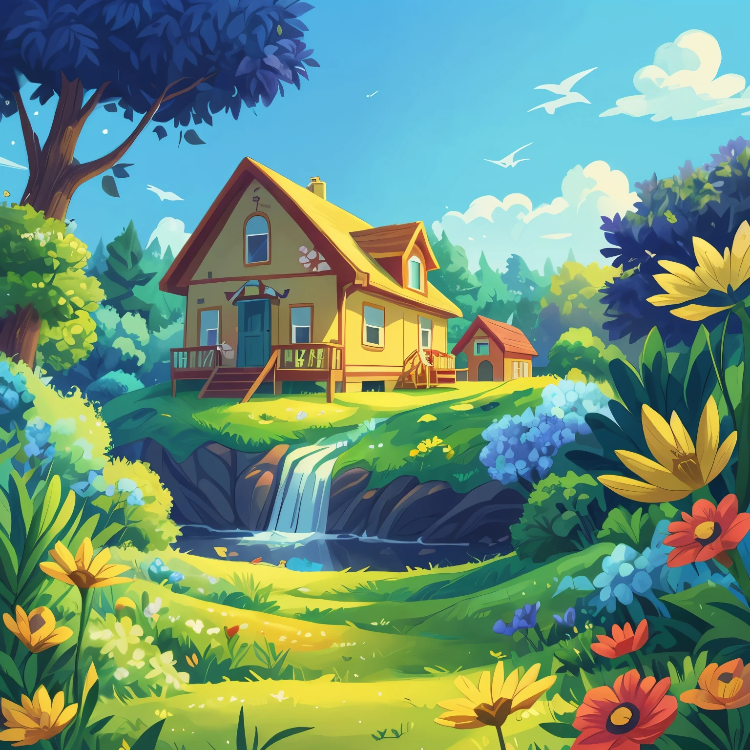 Earth Day poster,flatillustration, house,There are animals outside the house,edgBunny,There is a house on it,Room,A plant,Above is the sky,There are trees in the back,florals,scenecy,blue colors,green color,amarelo,simple backgound,Center composition,vivd colour,lightand shade contrast,hyper-high detail,4K,flatillustration