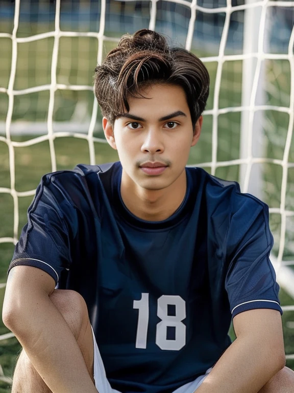 Football player Arav sits in front of the goalkeeper&#39;s net., Portraitกลางช็อต, Portraitระยะกลาง, Headshot profile picture, good looking face, Mohamed Shahin, handsome face, Tommy 1 6 years, Arian Mark, Profile picture, Portrait, Alex Miranda, Headshot, detailed Portrait, 18 years old, Rick Dai, Inspired by Adam Dario Kiel