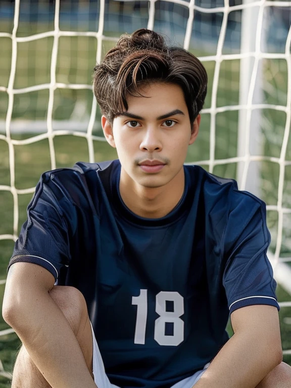 Football player Arav sits in front of the goalkeeper's net., Portraitกลางช็อต, Portraitระยะกลาง, Headshot profile picture, good looking face, Mohamed Shahin, handsome face, Tommy 1 6 years, Arian Mark, Profile picture, Portrait, Alex Miranda, Headshot, detailed Portrait, 18 years old, Rick Dai, Inspired by Adam Dario Kiel