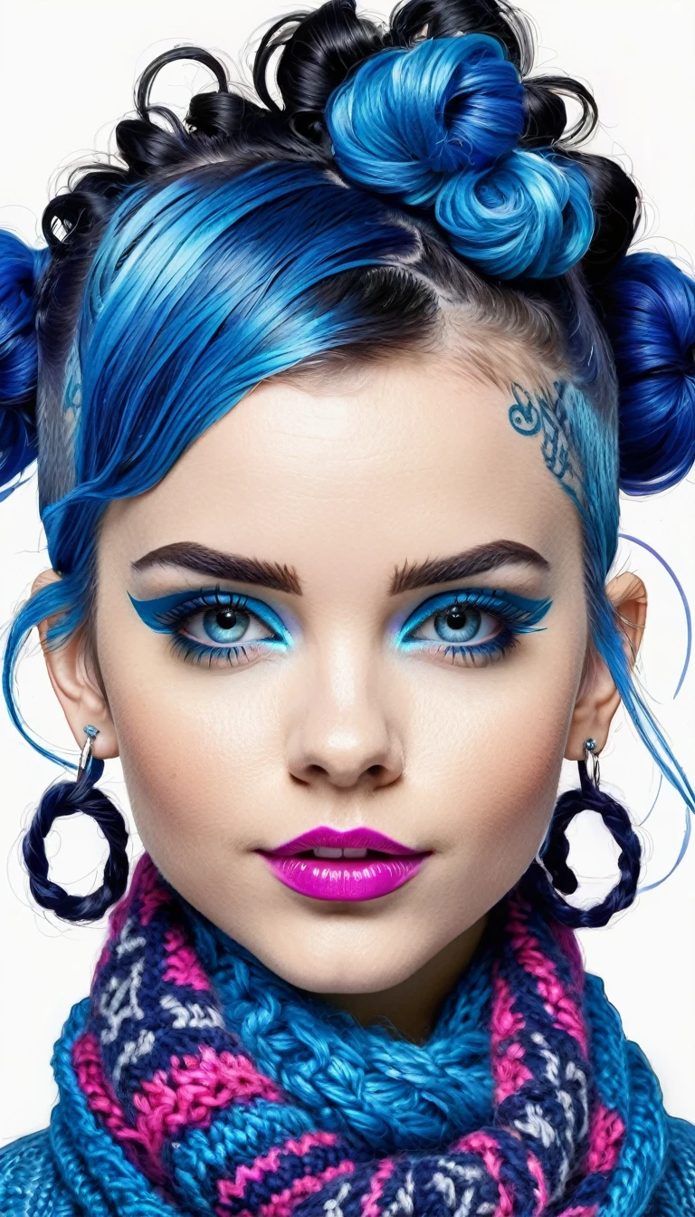 Over Detailed Calligraphic Ink Lettering, Portrait Of Cutie Punk Perky in knitted outfit, scarf, Sapphire-curls pigtails different lengths, concept in a mixed Ink tattoo sketch technique with a colored and bright elements, lots of printed words and patterns, Calligraphy lettering in different colors, volume due to shadows.