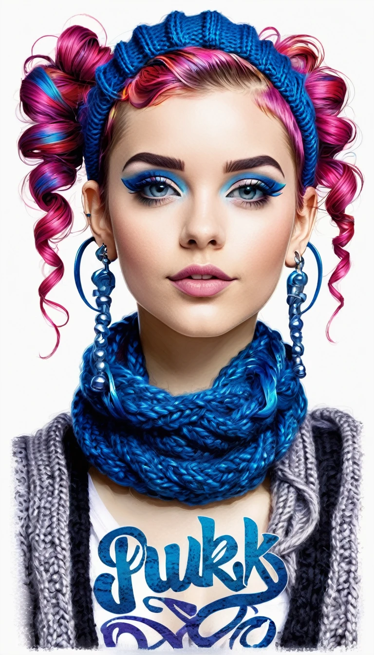 Over Detailed Calligraphic Ink Lettering, Portrait Of Cutie Punk Perky in knitted outfit, scarf, Sapphire-curls pigtails different lengths, concept in a mixed Ink tattoo sketch technique with a colored and bright elements, lots of printed words and patterns, Calligraphy lettering in different colors, volume due to shadows.