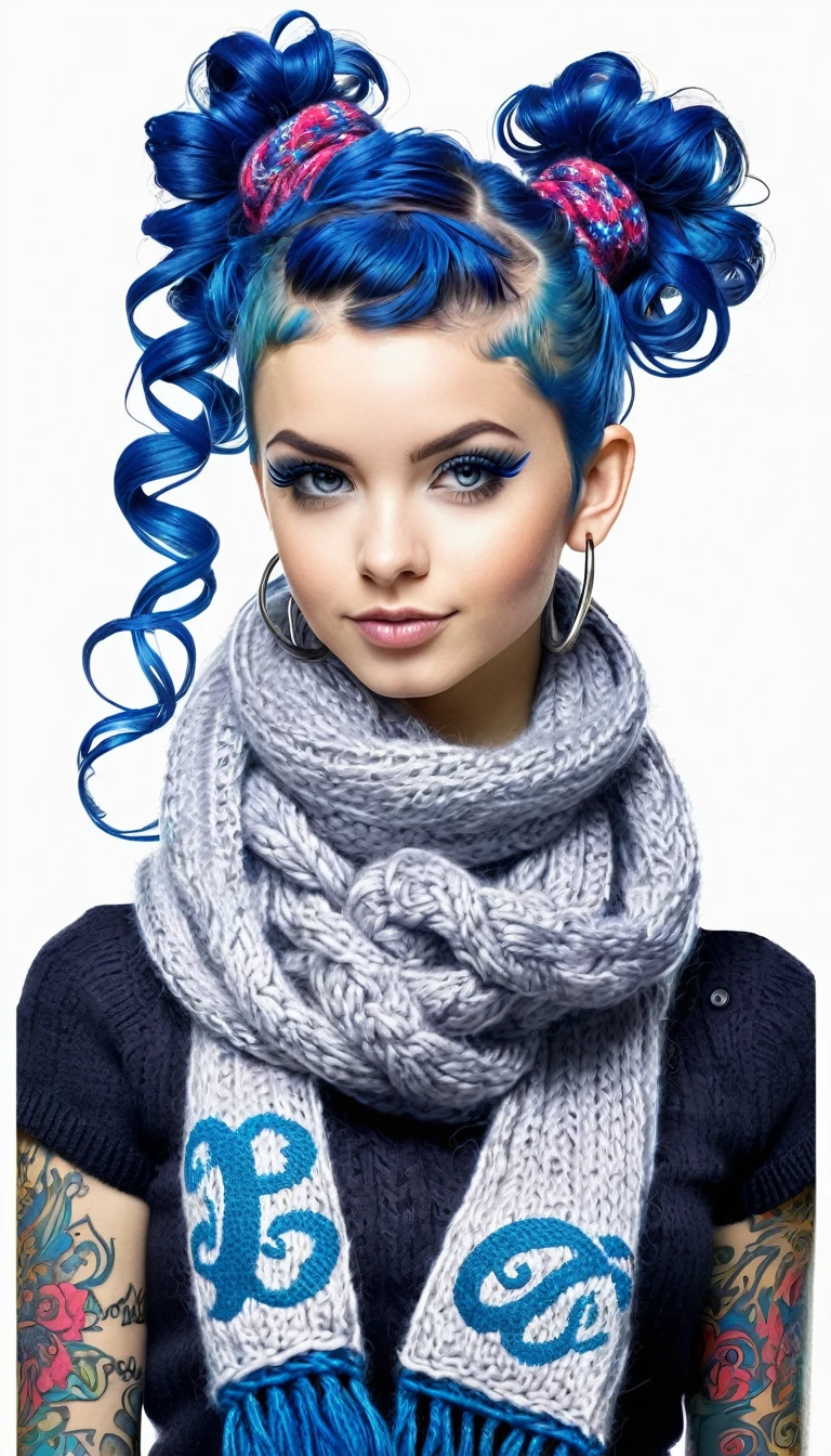 Over Detailed Calligraphic Ink Lettering, Portrait Of Cutie Punk Perky in knitted outfit, scarf, Sapphire-curls pigtails different lengths, concept in a mixed Ink tattoo sketch technique with a colored and bright elements, lots of printed words and patterns, Calligraphy lettering in different colors, volume due to shadows.