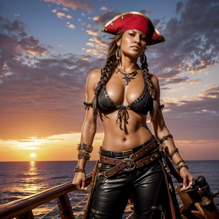 (masterpiece, high resolution, pirate queen:1.2), Karla Jaeger, fierce and cunning, (feral grin:1.1), pirate attire adorned with skulls and bones, (braided hair:1.1), decorated with beads and feathers, (dual pistols:1.1), holstered at her hips, (wooden peg leg:1.1), testament to battles won, (sunset on the horizon:1.1), hues of orange and red painting the sky, (hidden cove:1.1), ship anchored in secrecy, (treasure chests:1.1), overflowing with riches, Karla Jaeger plotting her next daring raid, a legend feared by all who sail the seas