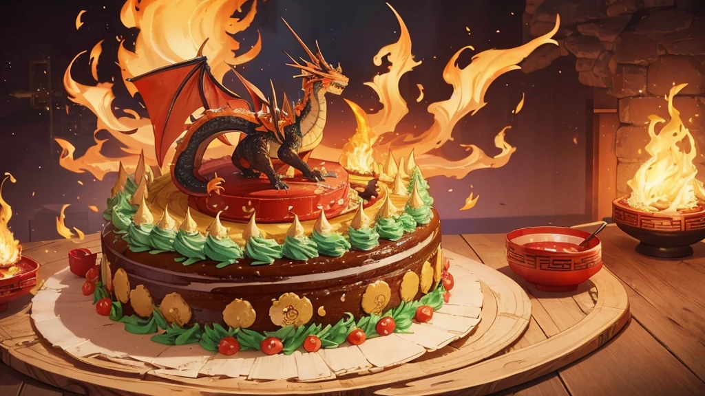 Chinese Cake, unusual cake, multi-tiered cake, Huge cake, cake with incredible decorations, cake with a huge dragon, flames, aggressive cake, bright cake, without people
