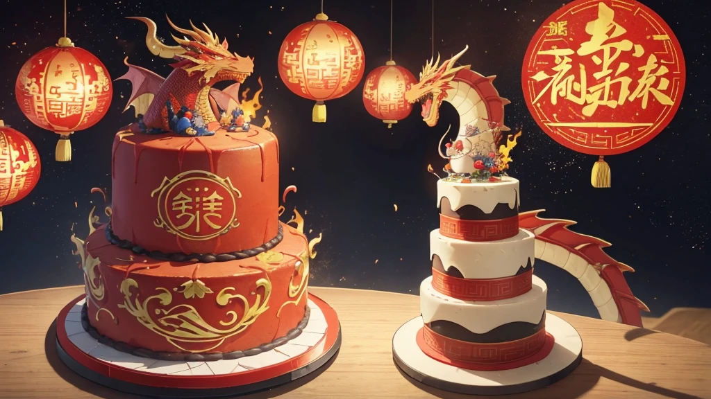 Chinese Cake, unusual cake, multi-tiered cake, Huge cake, cake with incredible decorations, cake with a huge dragon, flames, aggressive cake, bright cake, without people