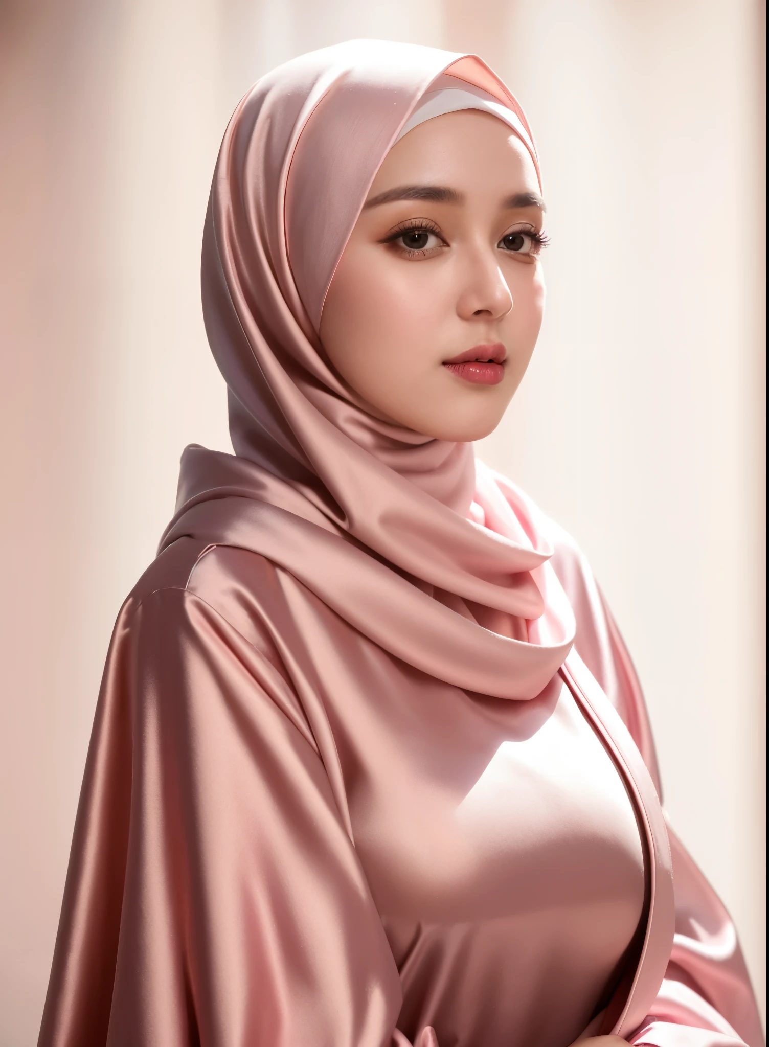 RAW photo of a 24 year old girl wearing hijab, satin abaya sexy pink, satin, hijab face portrait, neutral background, 8k uhd, dslr, soft lighting, high quality, film grain, Fujifilm XT3, covered dress, decent dress, huge tits:1.5