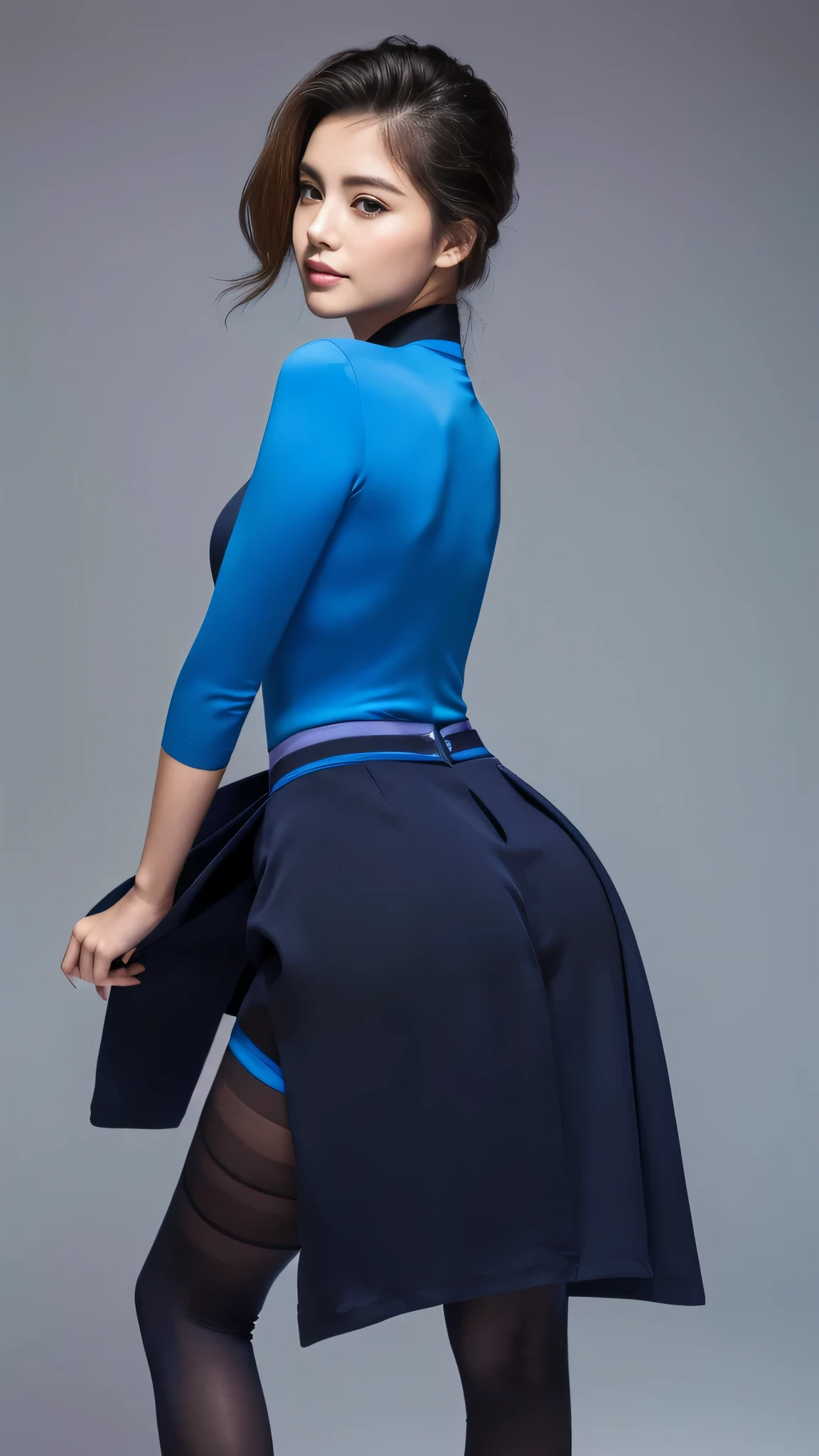highest quality、best image quality、Ultra HD images、((1 woman、look at the photographer))、((well-groomed face、actress face、The model's face))、 back pose、 Rear view, Waist - Waist up shot、Portrait from below and from behind、((blue suit、blue tight skirt、black pantyhose))、((perfect limbs))