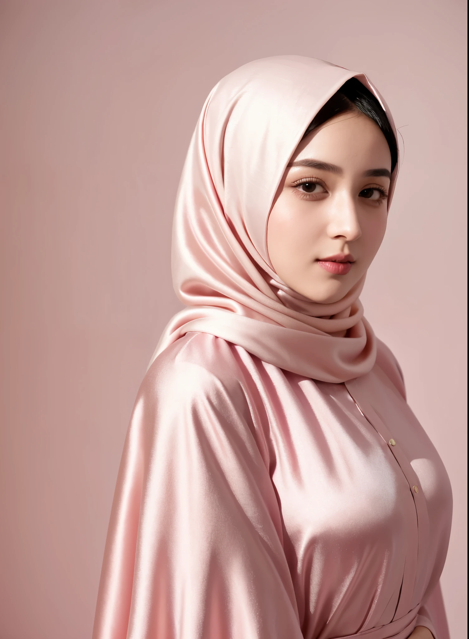 RAW photo of a 24 year old girl wearing hijab, satin abaya sexy pink, satin, hijab face portrait, neutral background, 8k uhd, dslr, soft lighting, high quality, film grain, Fujifilm XT3, covered dress, decent dress, huge tits:1.5