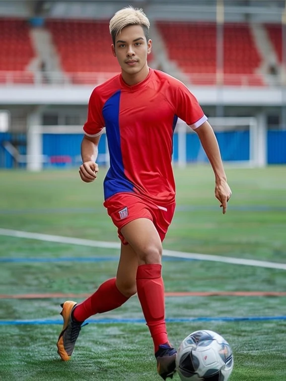 there is a male football player in a red and blue uniform, Raising children, football player, Mohamed Shahin, football player, dynamic Action shock, play football, Joel Torres, Henry's Ascension, Emmanuel Fon, Mohamed Shahin style, Action shock, sports clothes, Portrait in the middle of a shot, Ross instead, Maxim Cherkov, Shot with canon eos r6
