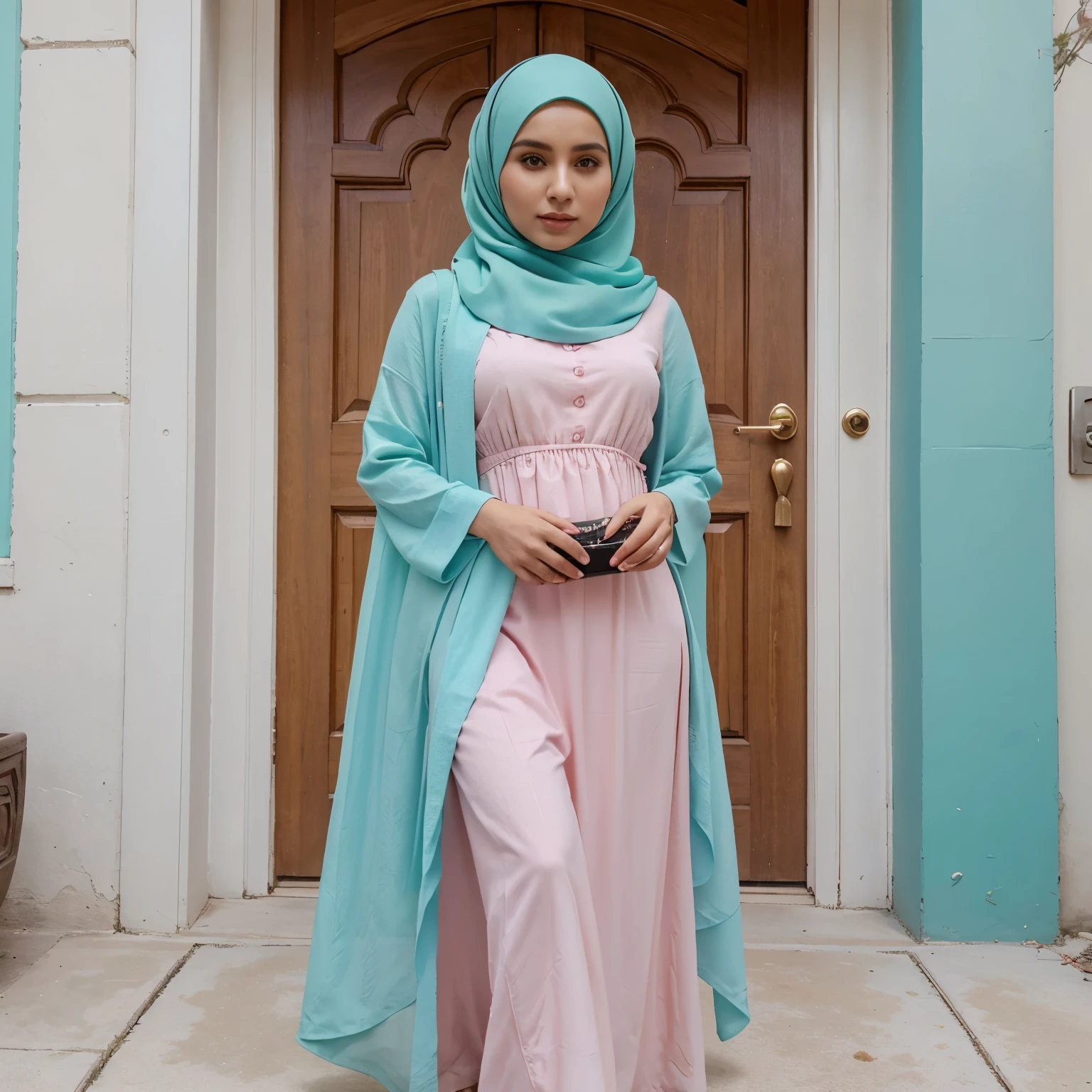 a woman in a dress holding a purse, red abaya feminine in cute pastel shades, inspired by Nazmi Ziya Güran, pastel green, feminine, belly free teal dress, turqouise, hijab, inspired by Shaddy Safadi, detailed full dress long sleeve, full body