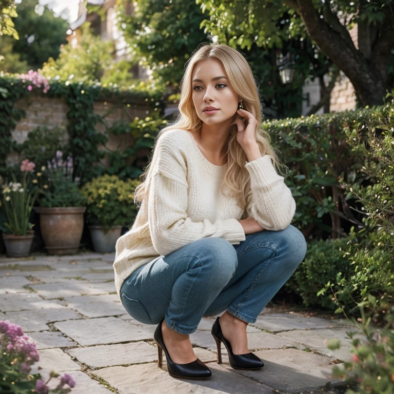 A woman, blonde hair, 30 years old, French, wearing a sweater and slim jeans, with shoes and high heels, ultra-realistic, full-body view, detailed facial features, long eyelashes,a picturesque garden in the background. The image depicts a realistic portrayal of a woman in her thirties, with her blonde hair flowing down to her shoulders. She is dressed in a cozy sweater and slim jeans, completing her outfit with trendy shoes and elegant high heels. The ultra-realistic rendering captures every detail of her face, including her beautiful detailed eyes, nose, and lips. Her long eyelashes add to her captivating appearance. The scene features a well-maintained garden, with vibrant flowers blooming and lush greenery surrounding her. The overall view of the image allows the viewer to appreciate the woman's beauty and the serene environment.