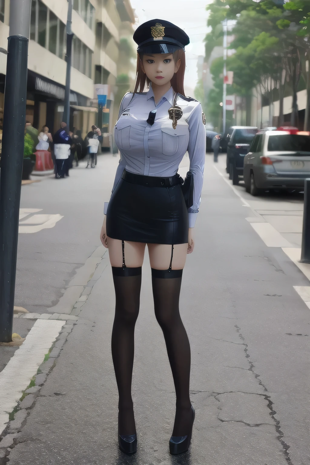 masterpiece, best quality, very aesthetic, absurdres, full body shot,(police costume:1.3), (button gap:0), police skirt, police cap, stockings with garter, on the crowed street, 1girl, misaka mikoto, toaru majutsu no index